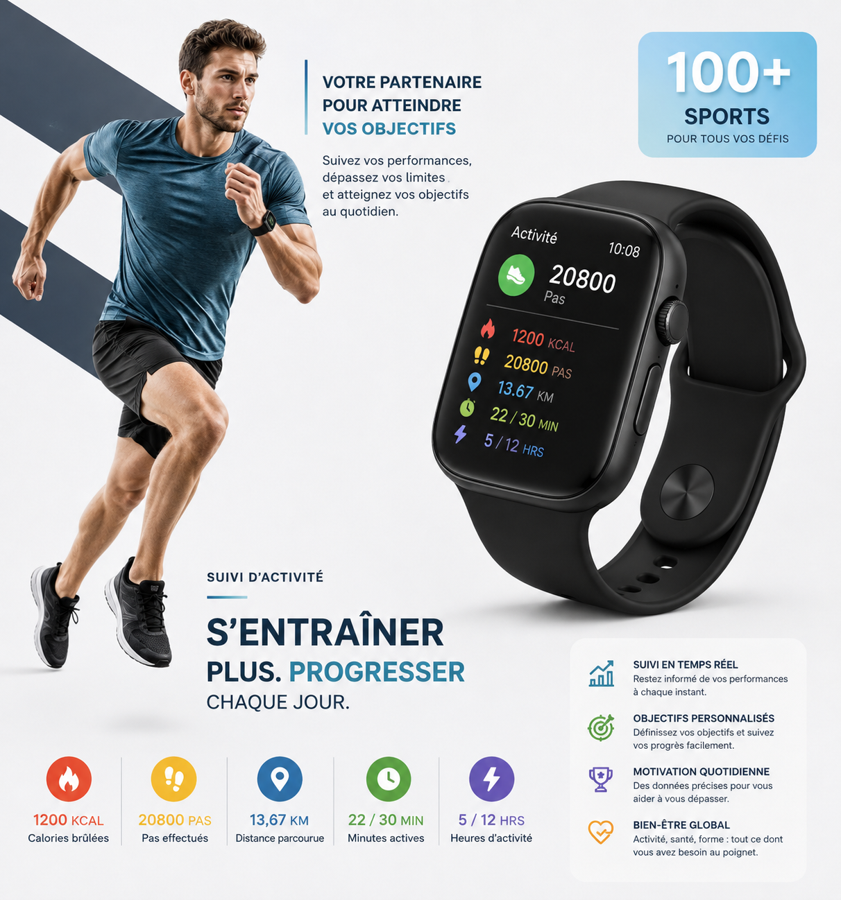 Montre connectée multifonction homme et femme compatible iOS et Android